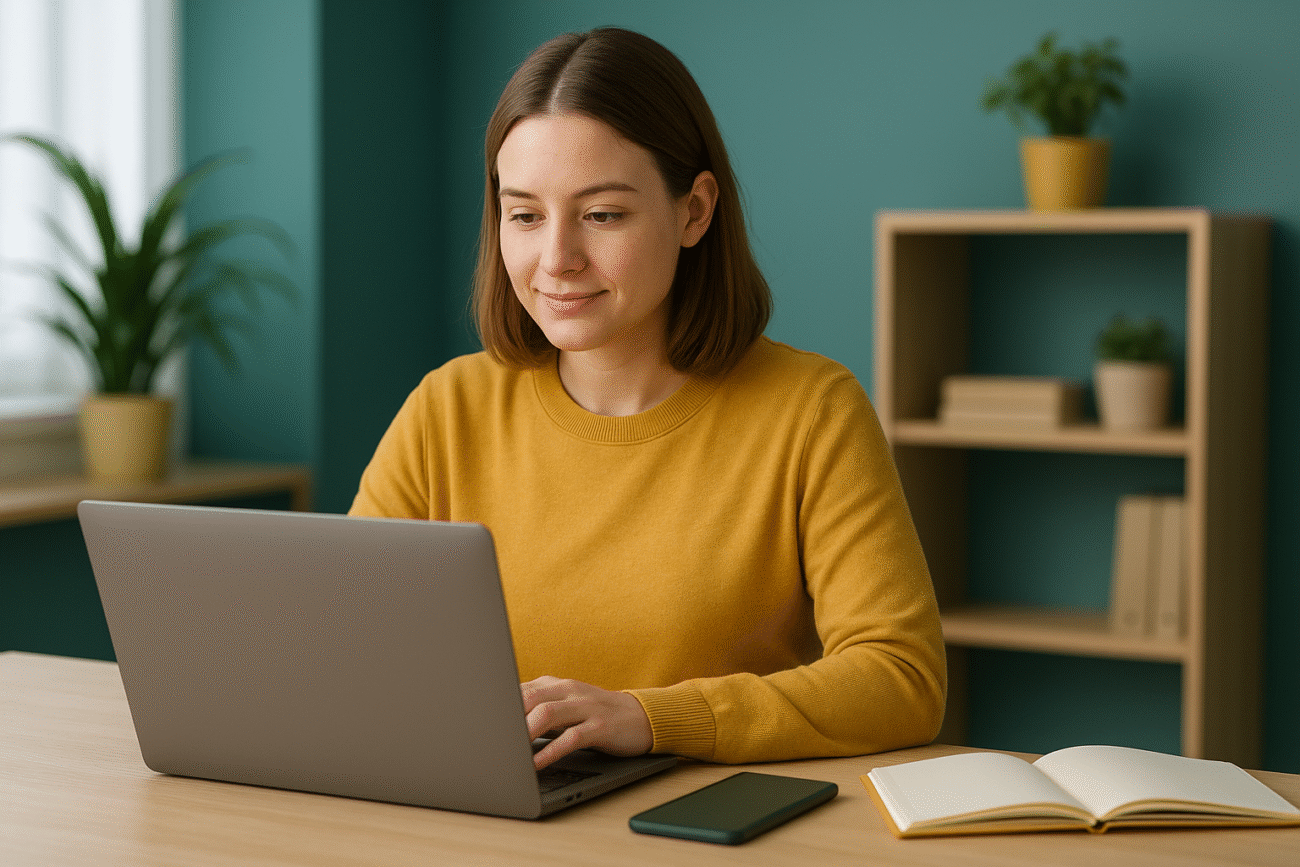 junge Frau arbeitet am Laptop mit Smartphone und Notizbuch auf dem Tisch