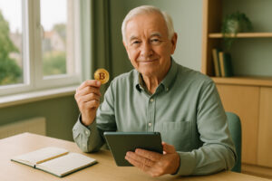 Ein älterer Mann mit freundlichem Gesichtsausdruck hält eine Bitcoin-Münze in der Hand. Das Bild steht für den bewussten Umgang mit digitalen Vermögenswerten im Alter und die strukturierte Krypto-Vorsorge mit DigiSafe.