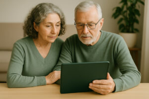 Ein älteres Paar sitzt gemeinsam an einem Tisch und betrachtet konzentriert ein Tablet. Das Bild vermittelt Vertrauen, digitale Vorsorge und respektvollen Umgang mit sensiblen Daten im Familienkreis.