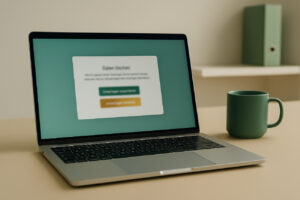 Ein Bildschirm zeigt eine Auswahl zur Datenlöschung in deutscher Sprache. Im Vordergrund sitzt eine Person, die gezielt den Export oder die Löschung ihrer digitalen Unterlagen auswählt. Das Bild symbolisiert Kontrolle und Datenschutz nach Beendigung der DigiSafe-Nutzung.