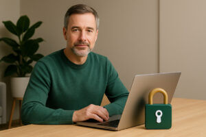Symbolbild für verschlüsselte Datenspeicherung: Ein vertrauenswürdiger Mann mit Laptop und Vorhängeschloss sitzt in einem modernen Raum – stellvertretend für digitale Sicherheit und Zugriffskontrolle.