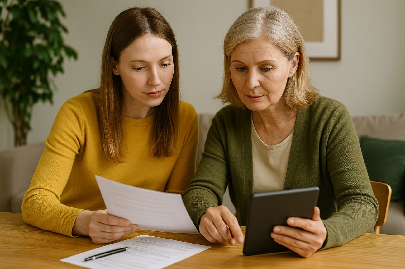 Zwei Frauen sitzen an einem Holztisch und besprechen gemeinsam ein Dokument – Symbolbild für Vorsorgeplanung und digitale Dokumentenorganisation