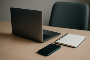 Ein geschlossener Laptop liegt ungenutzt auf einem Schreibtisch, daneben ein leeres Notizbuch und ein Smartphone ohne Benachrichtigungen. Das Bild steht für digitale Inaktivität und ausbleibenden Zugriff im Notfall.