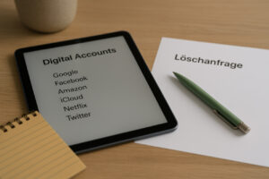 Eine ruhige Szene mit einem Tablet, auf dem eine Liste digitaler Konten angezeigt wird. Daneben liegen Notizen und ein Dokument mit dem Titel „Löschanfrage“. Das Bild symbolisiert die strukturierte Regelung digitaler Konten im Todesfall.