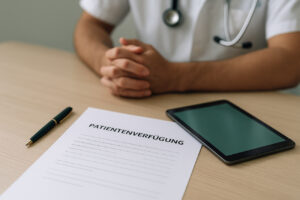 Ein aufgeräumter Tisch mit einem Dokument mit der Überschrift Patientenverfügung, daneben ein Tablet und ein Stift. Das Bild vermittelt medizinische Vorsorge und digitale Absicherung.