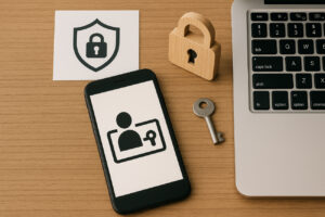 Symbolbild zum digitalen Nachlass: Auf einem Holztisch liegen ein Smartphone mit einem Benutzer-Icon und Schlüssel-Symbol, ein Laptop, ein physischer Schlüssel, ein Schild mit Schloss-Symbol und ein Holz-Vorhängeschloss – sie stehen sinnbildlich für digitale Sicherheit, geschützte Daten und den Zugang zu sensiblen Informationen nach dem Tod.
