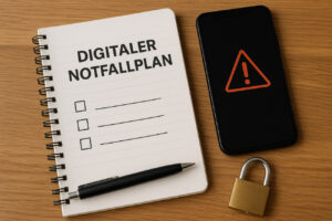 Symbolbild für digitalen Notfallplan: Auf einem Schreibtisch liegen ein Notizbuch mit Checkliste, ein Smartphone, ein Kugelschreiber und ein Schloss – sie stehen für Vorsorge, Datenkontrolle und geplante Zugriffsmöglichkeiten im Ernstfall.
