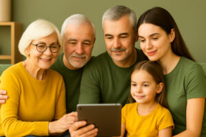 mehrere Familienmitglieder sitzen gemeinsam am Tisch mit Tablet und Unterlagen