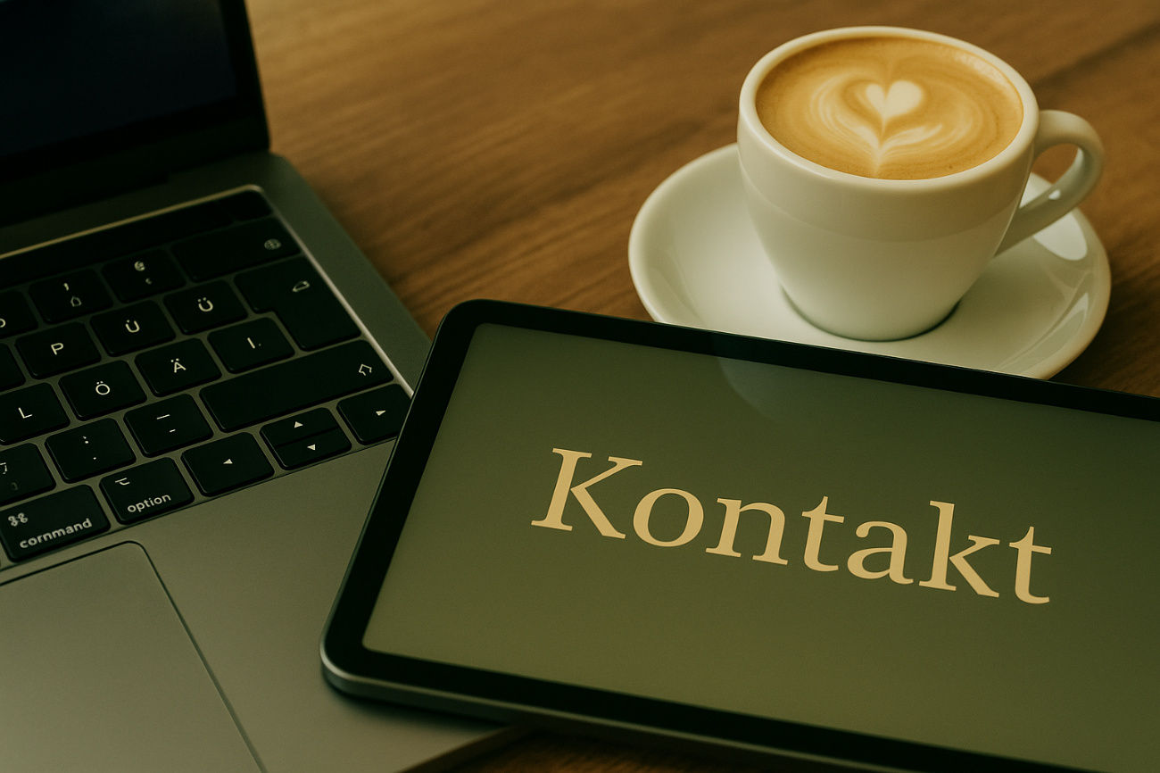 Moderner Arbeitsplatz mit Laptop, Tablet, Kaffeetasse und stilvollem Zubehör in DigiSafe-Farben, seitlich aufgenommen