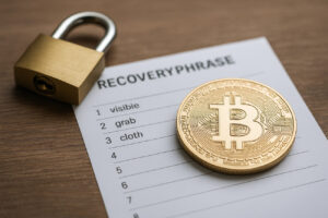 Ein physischer Bitcoin liegt auf einem rechtlichen Dokument, daneben ein Kugelschreiber und ein Tablet. Das Bild symbolisiert die Verbindung zwischen Kryptowährungen und rechtlich abgesicherter Nachlassplanung.