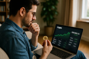 Ein Mann sitzt an seinem Schreibtisch und überprüft auf einem Laptop die Zugangsdaten zu seinem Krypto-Wallet. Das Bild symbolisiert digitale Nachlassvorsorge für Kryptowährungen und den Schutz privater Zugänge.