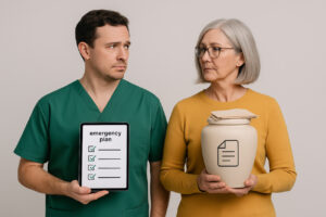 Zwei Personen stehen sich gegenüber: Eine hält ein Tablet mit Checkliste, die andere eine Urne mit Dokumenten. Symbolisch dargestellt sind digitaler Notfall und Nachlass – zwei getrennte Vorsorgebereiche.