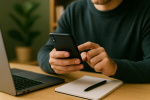Person mit Smartphone in der Hand ruft Dokumentenzugriff ab