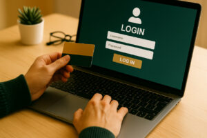 Person mit Laptop und Smartphone beim Einloggen in einen digitalen Account