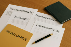 Schreibtisch mit aufgeschlagenen Formularen, Brille und Dokumenten zur Vorsorge