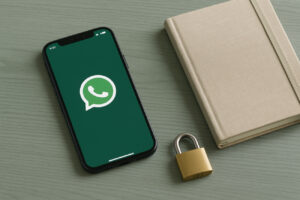 Ein Smartphone mit geöffneter Messenger-App liegt neben einem Notizbuch und einem Schloss-Symbol. Das Bild vermittelt digitale Kommunikation, Datensicherheit und Vorsorge im Todesfall.