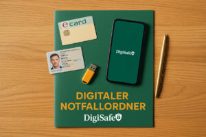 Ein aufgeräumter Schreibtisch mit sortierten Dokumenten, einer e-card, einem Smartphone und einem verschlossenen USB-Stick. Symbolbild für eine geordnete digitale Notfallmappe.