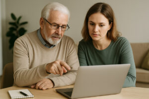 Ein älterer Mann zeigt einer jüngeren Frau an einem Laptop etwas, während beide ruhig und konzentriert schauen. Symbolbild für vertrauensvolle Übergabe digitaler Zugangsdaten im Notfall.