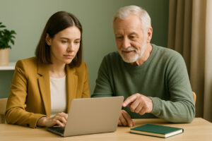Ein älterer Mann und eine jüngere Frau sitzen an einem Tisch und besprechen gemeinsam etwas am Laptop. Der Ausdruck wirkt ruhig und vertrauensvoll – Symbolbild für Datenfreigabe, Nachlassregelung und sichere Entscheidungsprozesse im Notfall.