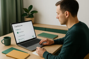 Ein Mann sitzt vor einem Bildschirm mit deutscher Benutzeroberfläche und wählt gezielt Zugriffsrechte für digitale Dokumente aus. Das Bild vermittelt Datenschutz, Kontrolle und vertrauensvolle Rechtevergabe im DigiSafe-Kontext.
