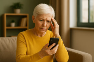 mittelalter Frau arbeitet konzentriert am Handy mit ruhigem Hintergrund