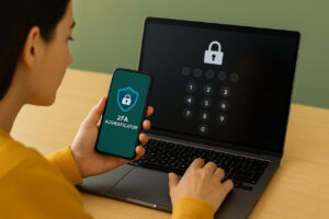 Frau hält Smartphone mit geöffnetem Authenticator-App-Symbol in ruhiger Umgebung